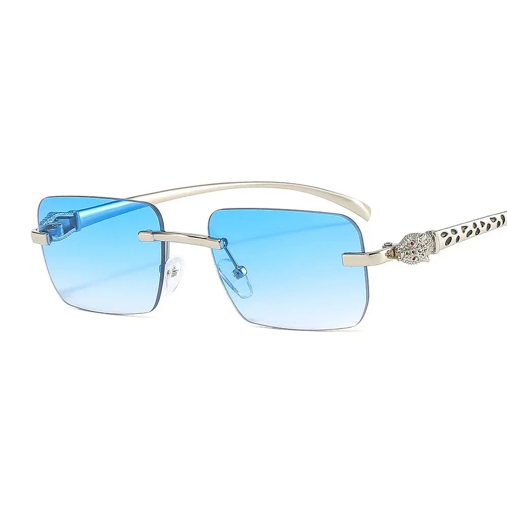 Vintage Fashion Rimless Small Square Sunglasses Women Men Luxury Brand Designer Travel Driving Metal Leopard Head Sun Glasses