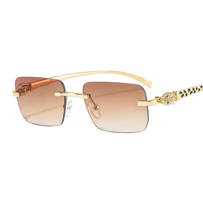 Vintage Fashion Rimless Small Square Sunglasses Women Men Luxury Brand Designer Travel Driving Metal Leopard Head Sun Glasses