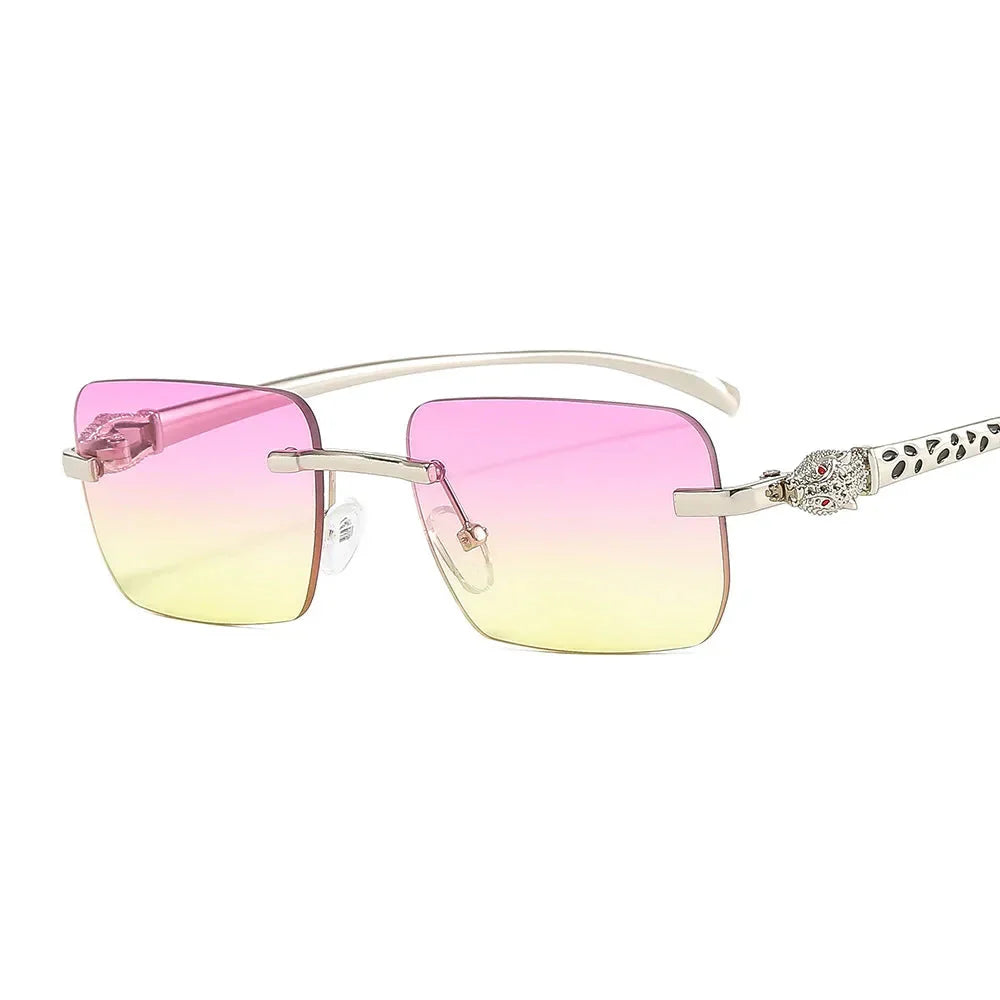 Vintage Fashion Rimless Small Square Sunglasses Women Men Luxury Brand Designer Travel Driving Metal Leopard Head Sun Glasses