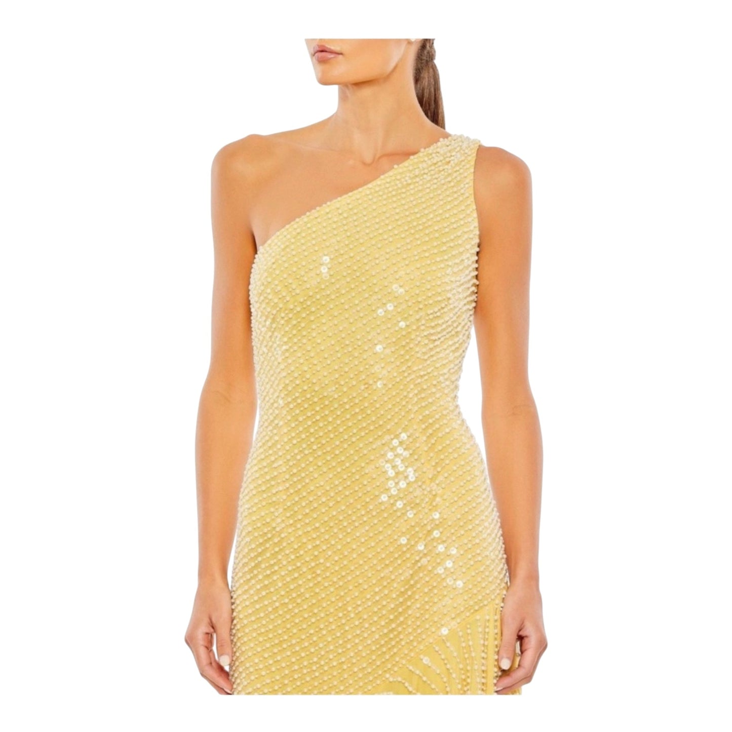 NWT Mac Duggal 93741 One Shoulder Asymmetrical Hem Dress Yellow Pearl Sz 14 $598