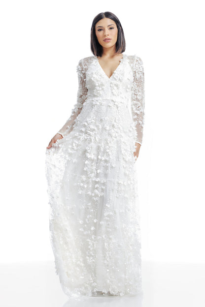 Dress the Population Angelina White 3D Floral Pearl Gown XS