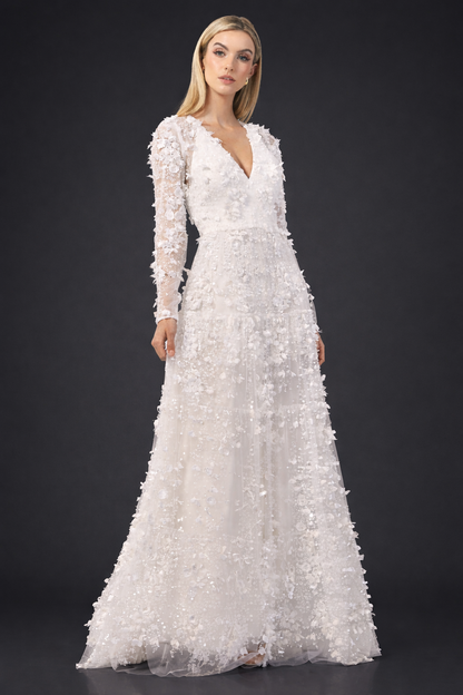 Dress the Population Angelina White 3D Floral Pearl Gown XS