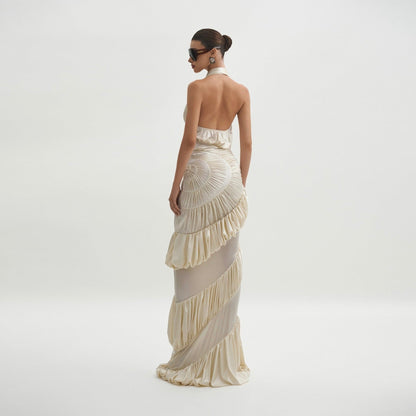 Innocence Ivory Sculpted Silk Halter Maxi Dress