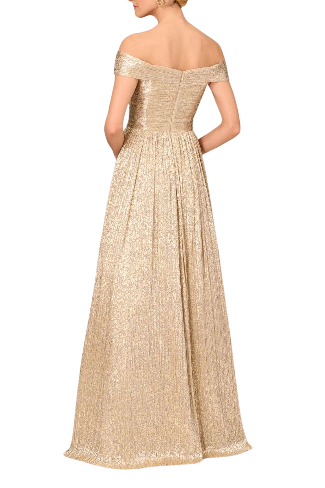 Aidan Mattox Off The Shoulder Metallic Foiled Pleated Mesh Long A-Line Ball Gown Dress