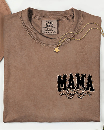 Mama Leopard Ribbon Comfort Colors T Shirt (Left Chest)