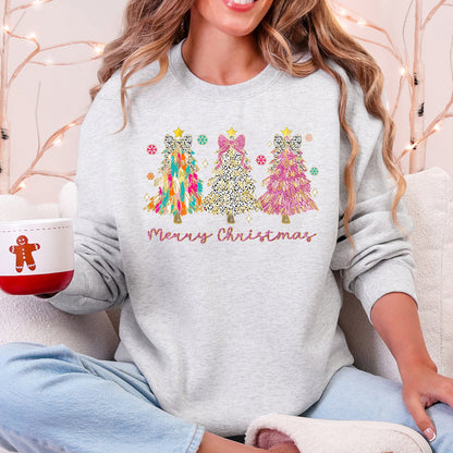 Merry Christmas Pastel Christmas Trees Santa Colorful Painting Holiday Scene Sweatshirt