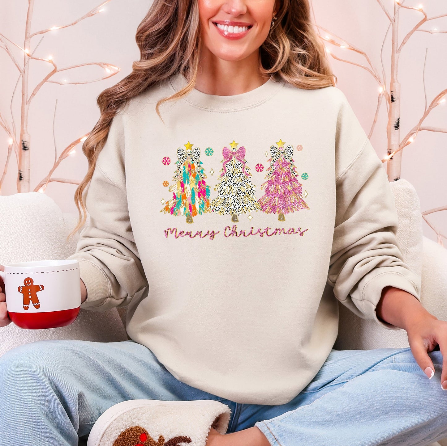 Merry Christmas Pastel Christmas Trees Santa Colorful Painting Holiday Scene Sweatshirt