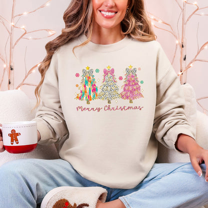 Merry Christmas Pastel Christmas Trees Santa Colorful Painting Holiday Scene Sweatshirt