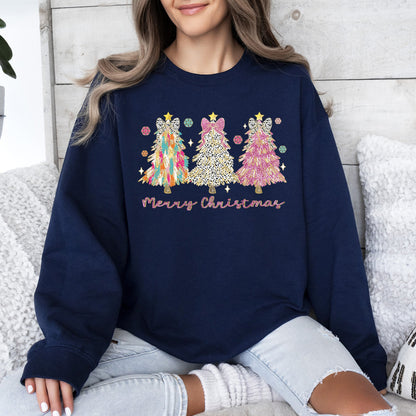 Merry Christmas Pastel Christmas Trees Santa Colorful Painting Holiday Scene Sweatshirt