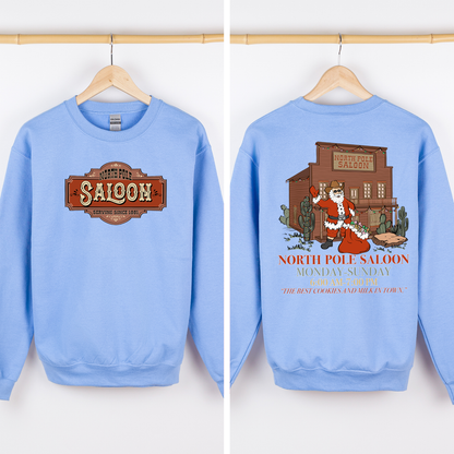 North Pole Saloon Santa Reading Christmas Party Retro Front And Back Edition Sweatshirt