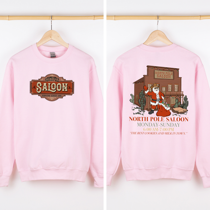 North Pole Saloon Santa Reading Christmas Party Retro Front And Back Edition Sweatshirt