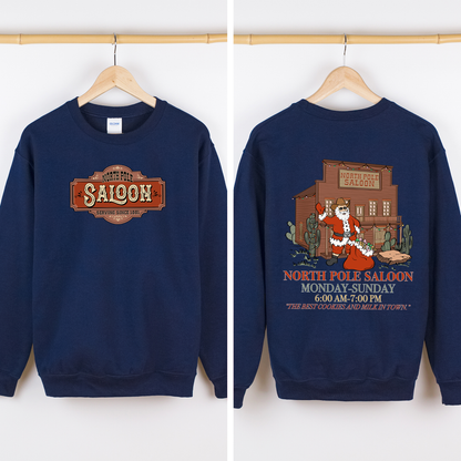 North Pole Saloon Santa Reading Christmas Party Retro Front And Back Edition Sweatshirt