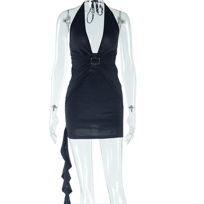 Women Clothing Deep V Plunge neck Sexy Halter Solid Color Dress Pleated Street Cool Short Hip Dress