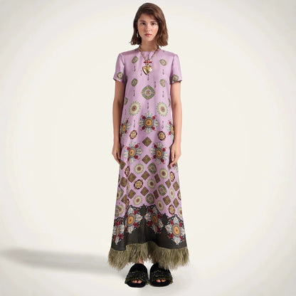 Spring Summer Satin Positioning Printed Feather Dress Short Sleeve Loose Dress for Women