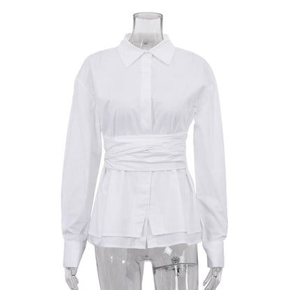 Casual Lace up Shirt Women Simple Collared Long Sleeve Cardigan Shirt French Top