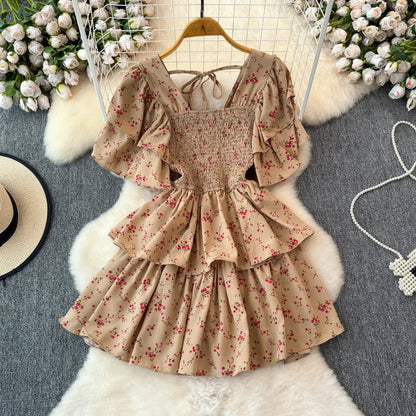 Design Summer Ruffle Sleeve Retro Pleated Floral Skirt