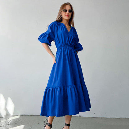 Summer Office Klein Blue Puff Sleeve High Waist A- line Dress Fashionable Simple Women Dress