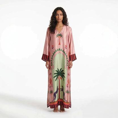 Spring Autumn Long Sleeved Positioning Satin Printed Dress Loose Split Dress