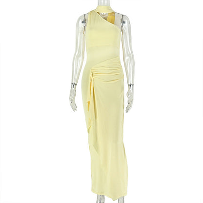 All Matching Graceful Women Pleated Slim Fit Sheath Dress Diagonal Collar Sleeveless Solid Color Dress