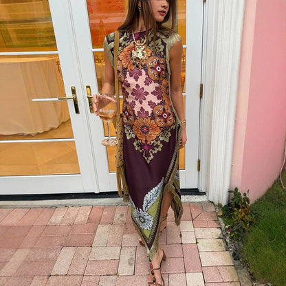 Tassel Positioning Printed Dress Satin Sleeveless Holiday Dress