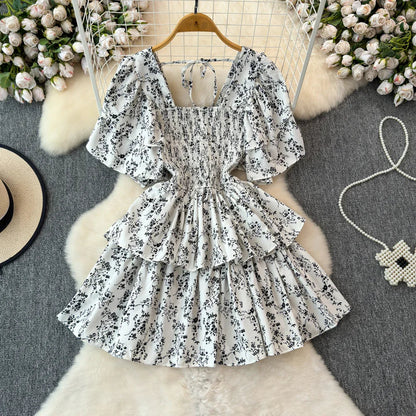 Design Summer Ruffle Sleeve Retro Pleated Floral Skirt