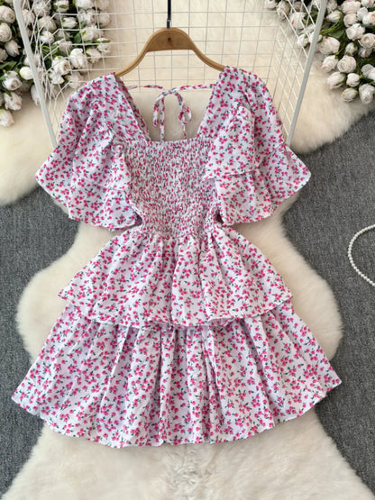 Design Summer Ruffle Sleeve Retro Pleated Floral Skirt