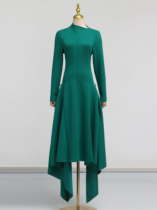 Simple Solid Color Dress Spring High Grade Waist Slimming Irregular Asymmetric Dress Women
