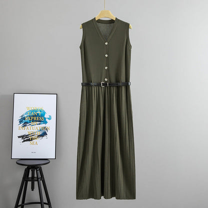 Summer Wear French Sleeveless Knitted Vest Pleated Elegant Dress Belt Cinched Slimming Maxi Dress Women