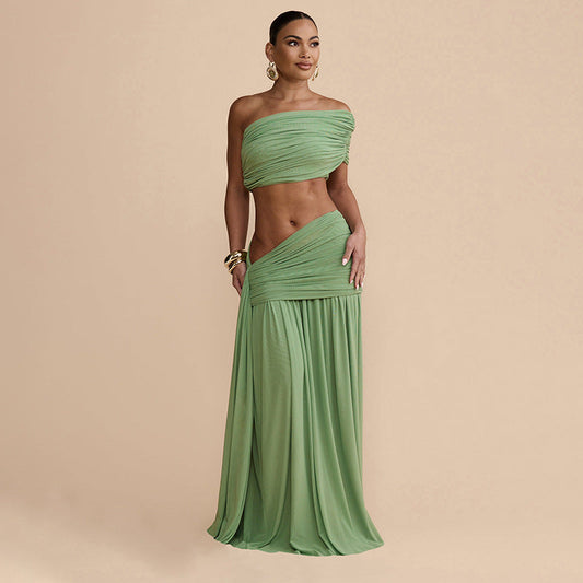 Women Clothing Spring Sexy Solid Color Tube Top Vest Slim Ribbon Pleated Skirt Sets