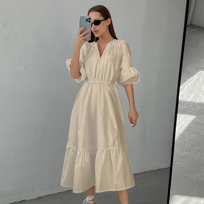 Summer Office Klein Blue Puff Sleeve High Waist A- line Dress Fashionable Simple Women Dress