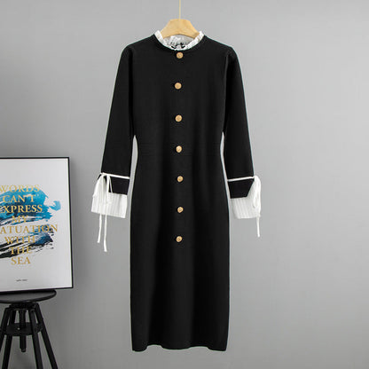 Autumn Hepburn Graceful Stand Collar Long Sleeve Chiffon Patchwork Dress Slim Fit Slimming Knitted Midi Dress