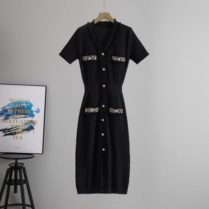 Summer Japanese Korean Women Clothing Classic V neck Short Sleeve Beaded Midi Dress Waist Tight Knitted Dress