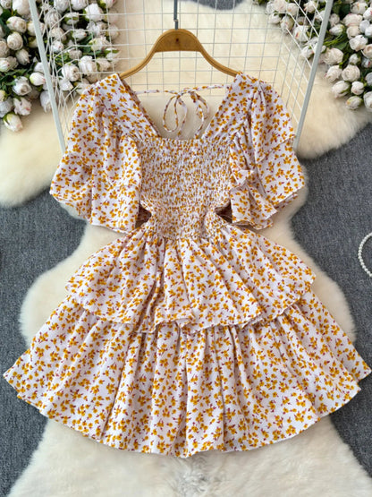 Design Summer Ruffle Sleeve Retro Pleated Floral Skirt