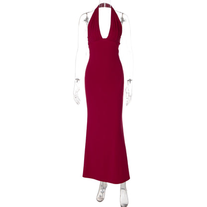Slim Fit Solid Color Back Strap Design Sleeveless Long Sheath Halter Dress Women