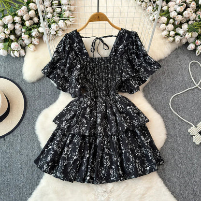 Design Summer Ruffle Sleeve Retro Pleated Floral Skirt
