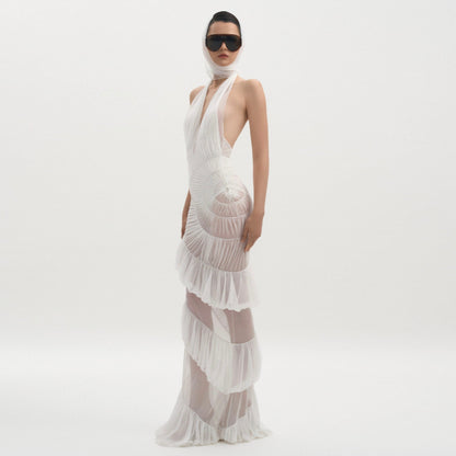 Plot Twist White Sheer Halter Maxi Dress With Built-In Bodysuit