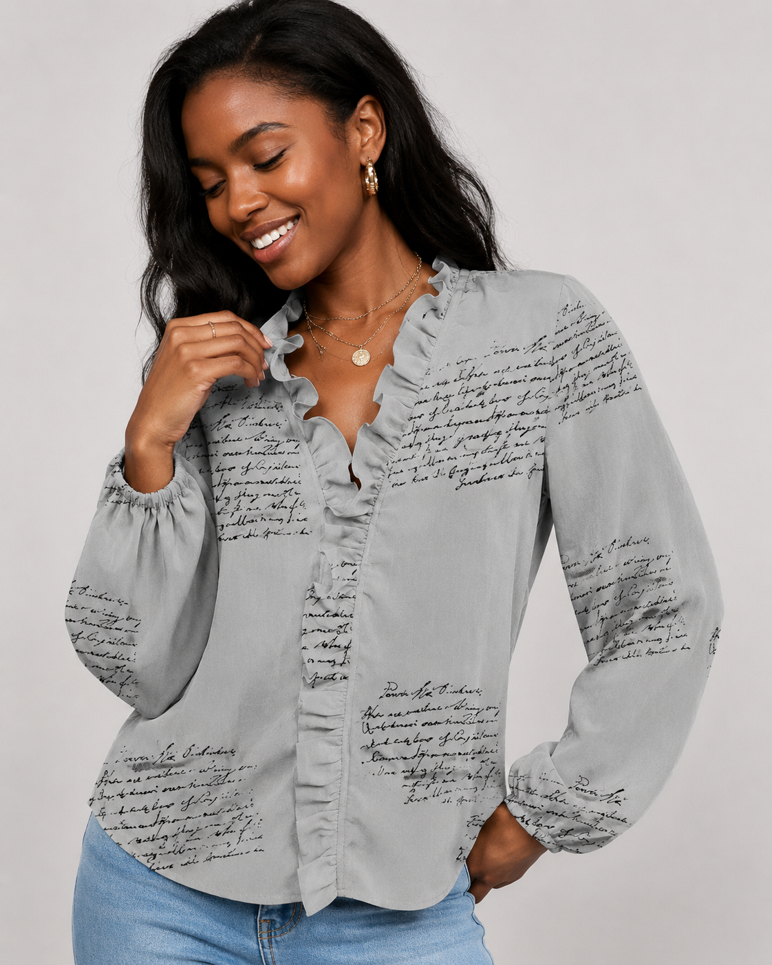 Ruffle V-Neck Long Sleeve Blouse - Casual Lantern Sleeve Loose Fit