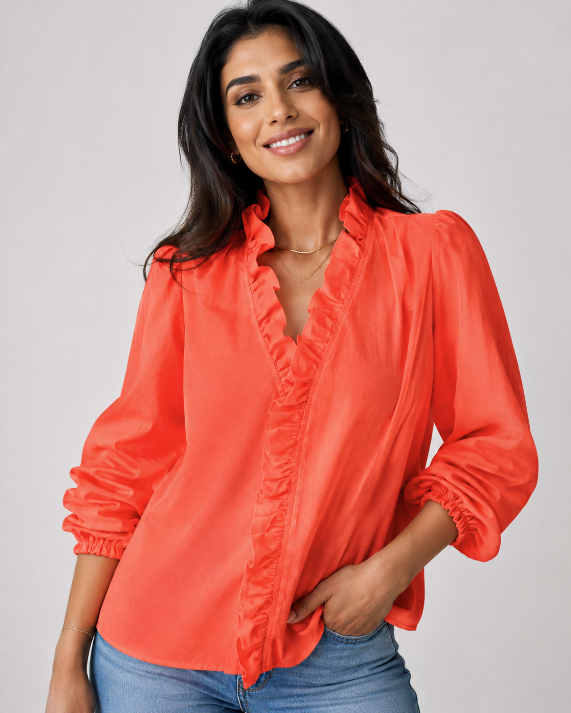 Ruffle V-Neck Long Sleeve Blouse - Casual Lantern Sleeve Loose Fit