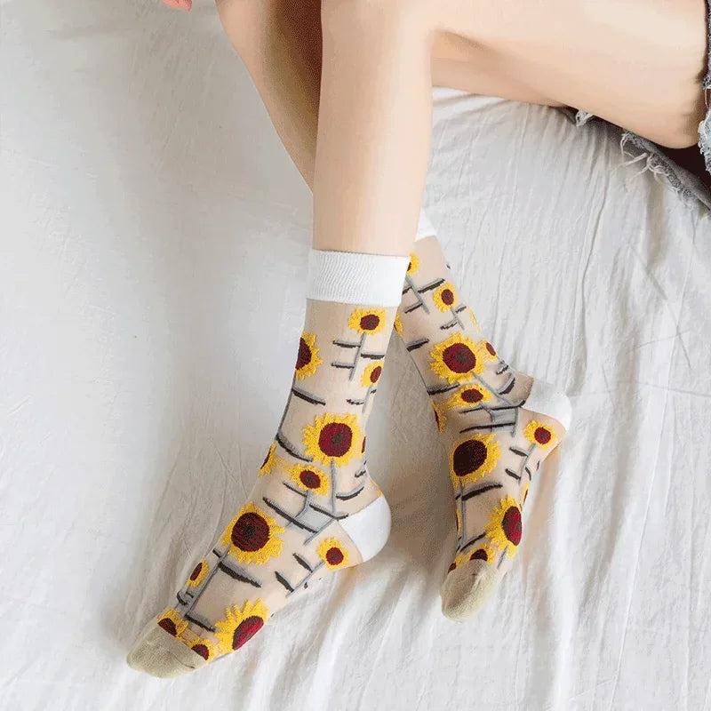 BotaniBabe Sheer Bloom Socks – Embroidered Crystal Silk Socks