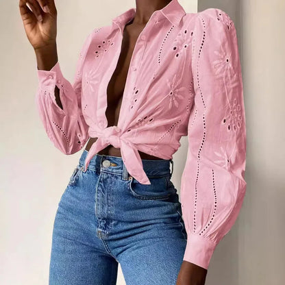 White Long Sleeve Buttons Shirt Women 2024 Autumn Casual Solid Offie Embroidery Women's Tops Blouse Shirts Top Femme Camicette