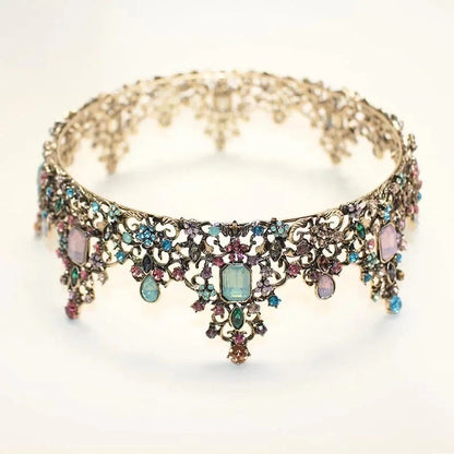 Round Colorful Crystal Rhinestone Wedding Queen Crown Headwear Retro Bridal Crown Color Headwear Crown Party Dress Hair Accessor