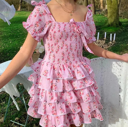 Pretty Pink Floral Print Puff Sleeve Dress