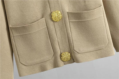 Autumn Winter Women Knit 2 Piece Set New Large Gold Button V-neck Cardigan Coats+High Waist Baggy Wide Leg Pants Sweater Suits