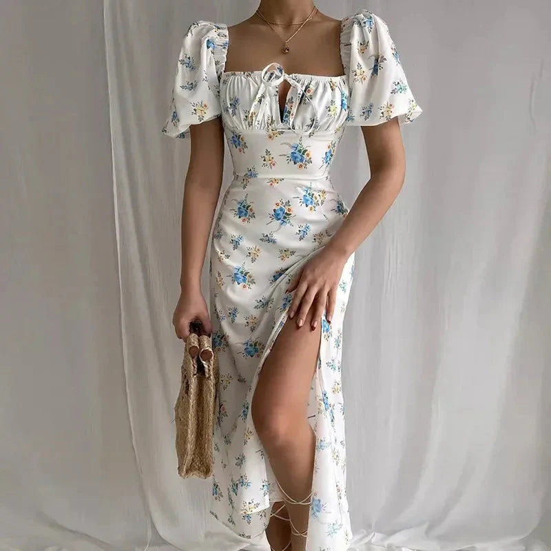 Sexy Backless New Women's Clothing Elegant Floral Dress Spring Summer Retro Puff Square Tie Tie Decorative Red Tie Chic Dress