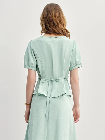 Pleated Short-Sleeve Shirt + Slim Skirt for Summer.