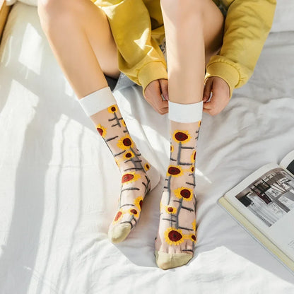 BotaniBabe Sheer Bloom Socks – Embroidered Crystal Silk Socks