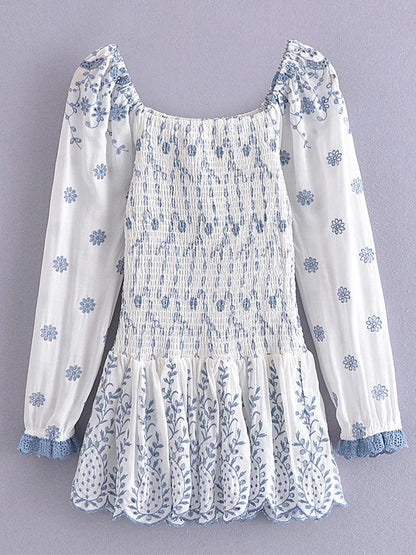 2022 Fashion Women Floral Hollow Out Embroidery Elastic Mini Dress Vintage Long Sleeve Female Super-Short Dress Summer Robe