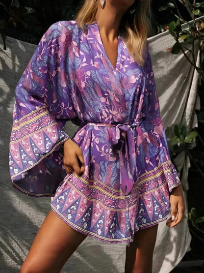 Purple Passion Floral Boho Short Kimono Dress