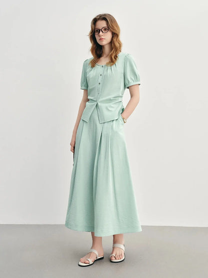 Pleated Short-Sleeve Shirt + Slim Skirt for Summer.