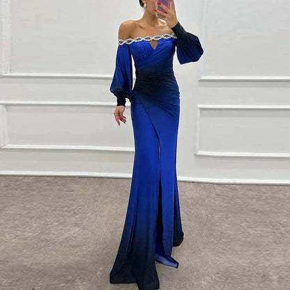 Fashion Patchwork High Waist Dress  Casual Contrasting Color Pleated Slim Long Dress New Off Shoulder Lantern Sleeve Party Dress